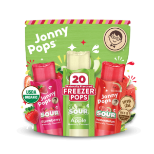 JonnyPops green multipack bag labeled 20 Naturally Flavored Freezer Pops, showing three flavors: Sour Strawberry, Sour Green Apple, and Sour Watermelon, with USDA Organic and Stevia Free badges visible.