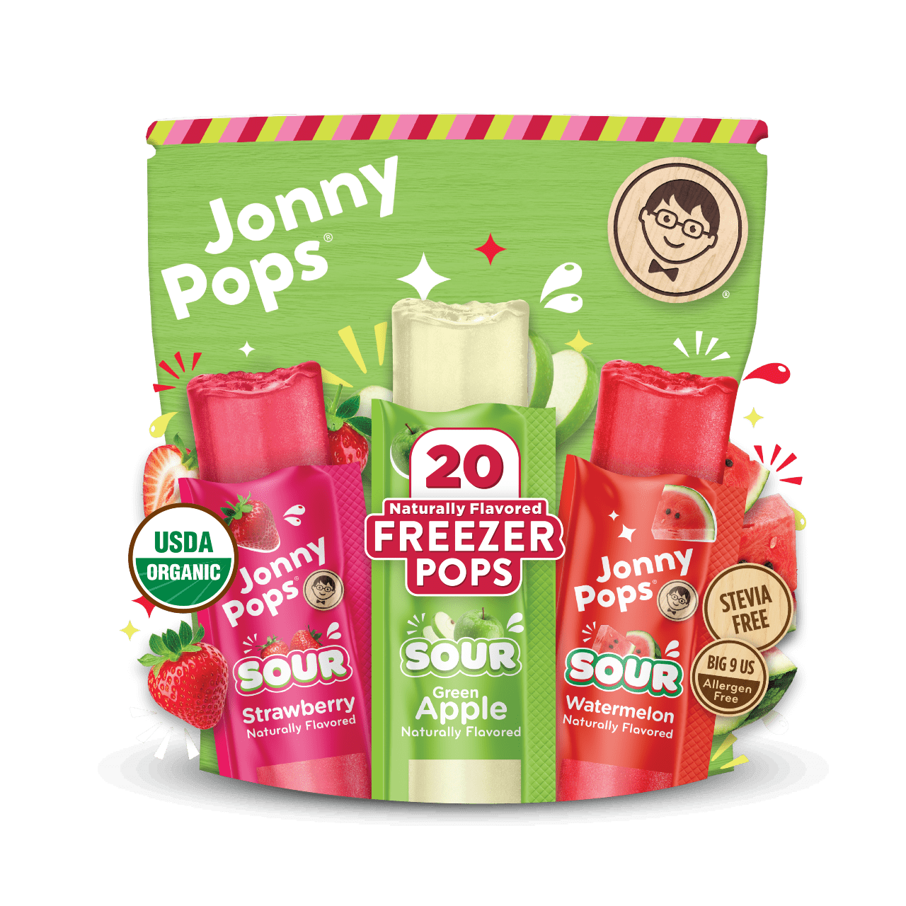 JonnyPops green multipack bag labeled 20 Naturally Flavored Freezer Pops, showing three flavors: Sour Strawberry, Sour Green Apple, and Sour Watermelon, with USDA Organic and Stevia Free badges visible.