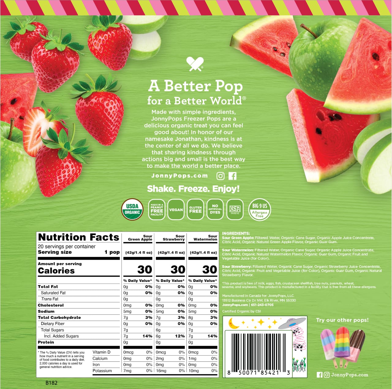 Organic Sour JonnyPops Freezer Pops 20ct bag back showing nutrition facts and certifications including USDA organic, peanut free facility, vegan, gluten free, no artificial dyes, and big 9 allergen free