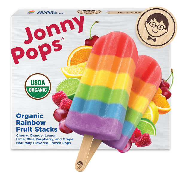 JonnyPops Organic Rainbow Fruit Stacks box featuring a rainbow-layered frozen pop in red, orange, yellow, green, blue, and purple on a wooden stick, with fruit imagery and a USDA Organic seal on the packaging.