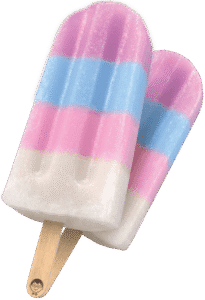 Two JonnyPops frozen pops with pink, blue, and white horizontal stripes on wooden sticks, shown overlapping against a transparent background, with the JonnyPops character logo stamped on one stick.