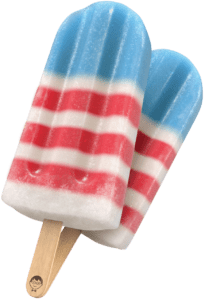 Two JonnyPops frozen pops with red, white, and blue stripes on wooden sticks, the front stick stamped with the JonnyPops mascot logo, shown against a transparent background.