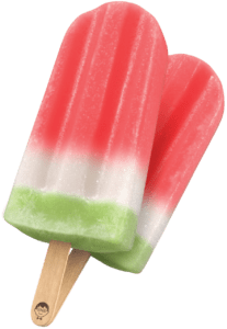 Two JonnyPops frozen pops with red, white, and green layered stripes on wooden sticks branded with the JonnyPops mascot logo, shown against a transparent background.