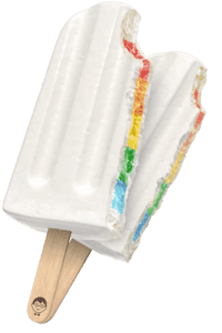 Two white cream pops on a wooden stick with the JonnyPops logo, shown with bites taken out to reveal a rainbow stripe interior in red, orange, yellow, green, and blue layers.