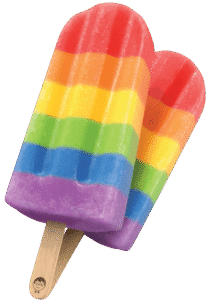 Two rainbow-striped frozen pops with horizontal bands of red, orange, yellow, green, blue, and purple on wooden sticks, one stick stamped with the JonnyPops mascot face logo.