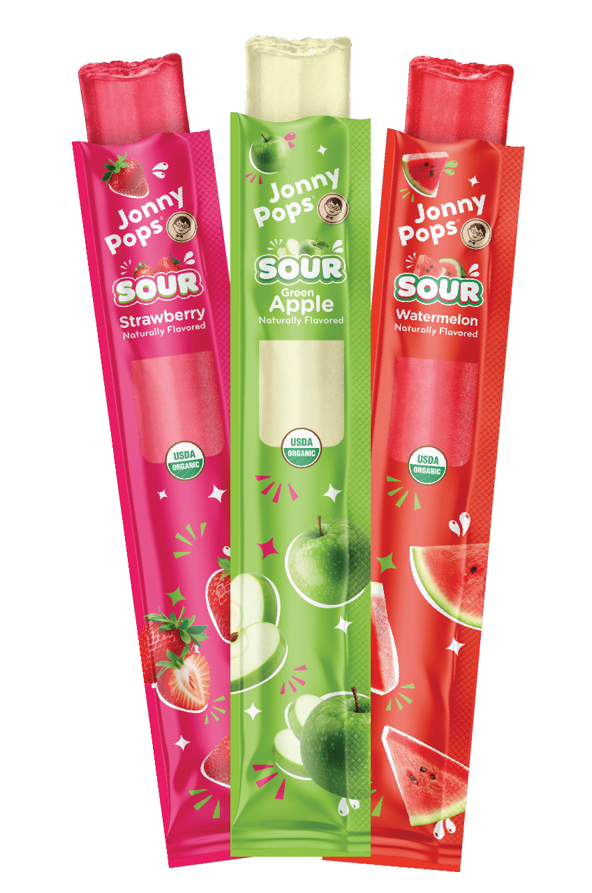 Three JonnyPops Sour freeze pops in their packaging: Sour Strawberry in pink, Sour Green Apple in green, and Sour Watermelon in red, each labeled Naturally Flavored and USDA Organic, with fruit illustrations on each wrapper.