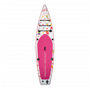 JonnyPops branded stand-up paddleboard viewed from above, white with a pink traction pad, colorful pop and heart graphics, "JonnyPops" text near the nose, and "A Better Pop for a Better World®" printed on the pad.