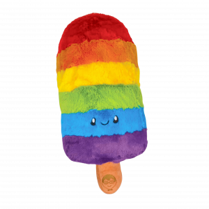 Rainbow-striped plush toy shaped like a frozen pop with a smiling face, featuring red, orange, yellow, green, blue, and purple horizontal bands and a brown stick with an embossed JonnyPops logo face, on a green background.